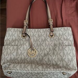 Michael Kors Cream and Tan MK Logo Tote with Gold Hardware